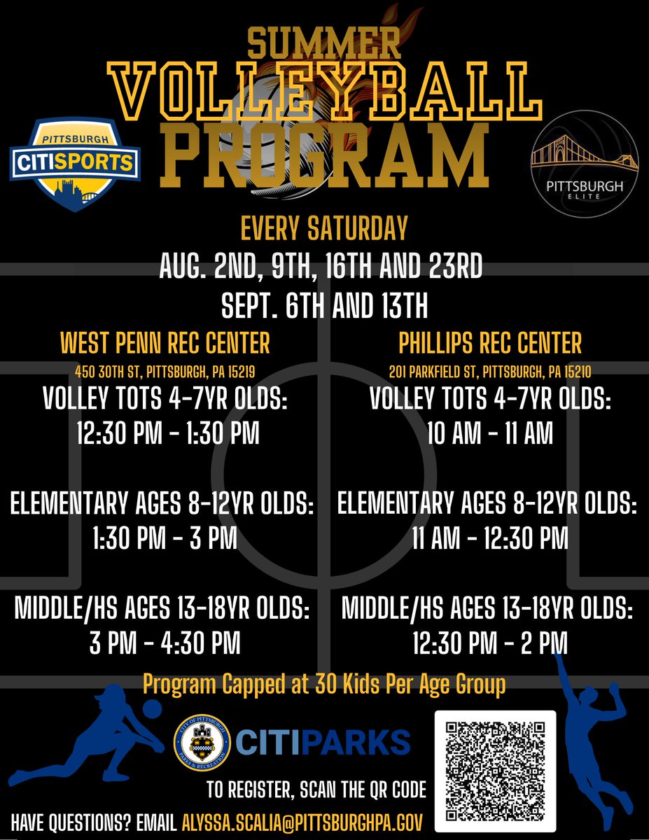 CitiParks's tweet image. Join CitiSports and @PghElite's Volleyball Club for 6 weeks of volleyball fun, instruction, and club-level training with seasoned coaching staff! 🏐
To register, scan the QR Code on the flyer, or click the link here: bit.ly/4jgg4cE
@MayorEdGainey @Pittsburgh