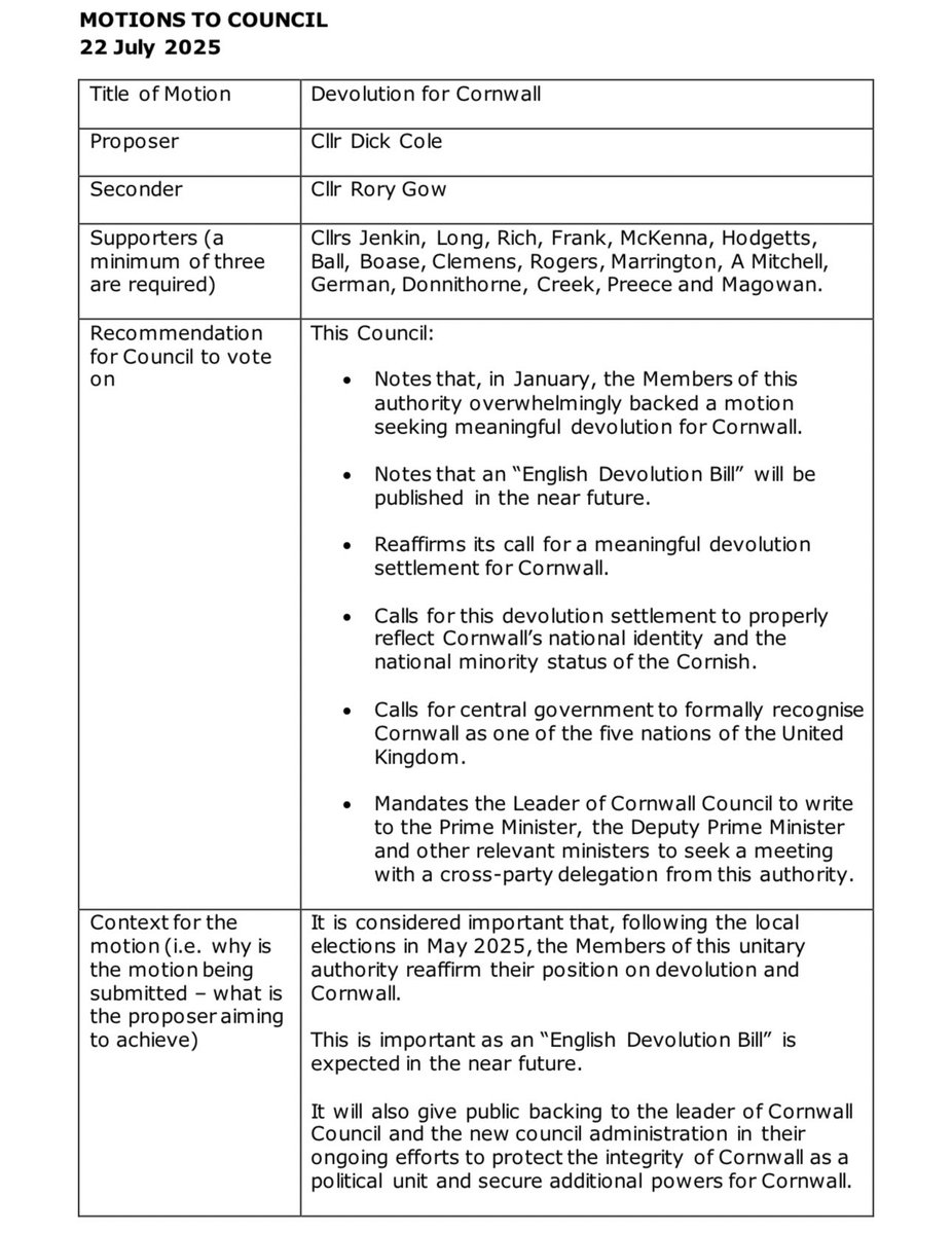 YesCornwall's tweet image. Cornwall Council has voted in favour of the motion calling on the Government to formally recognise Cornwall as the UK’s fifth nation, and to reach a devolution settlement that properly reflects Cornish national identity.