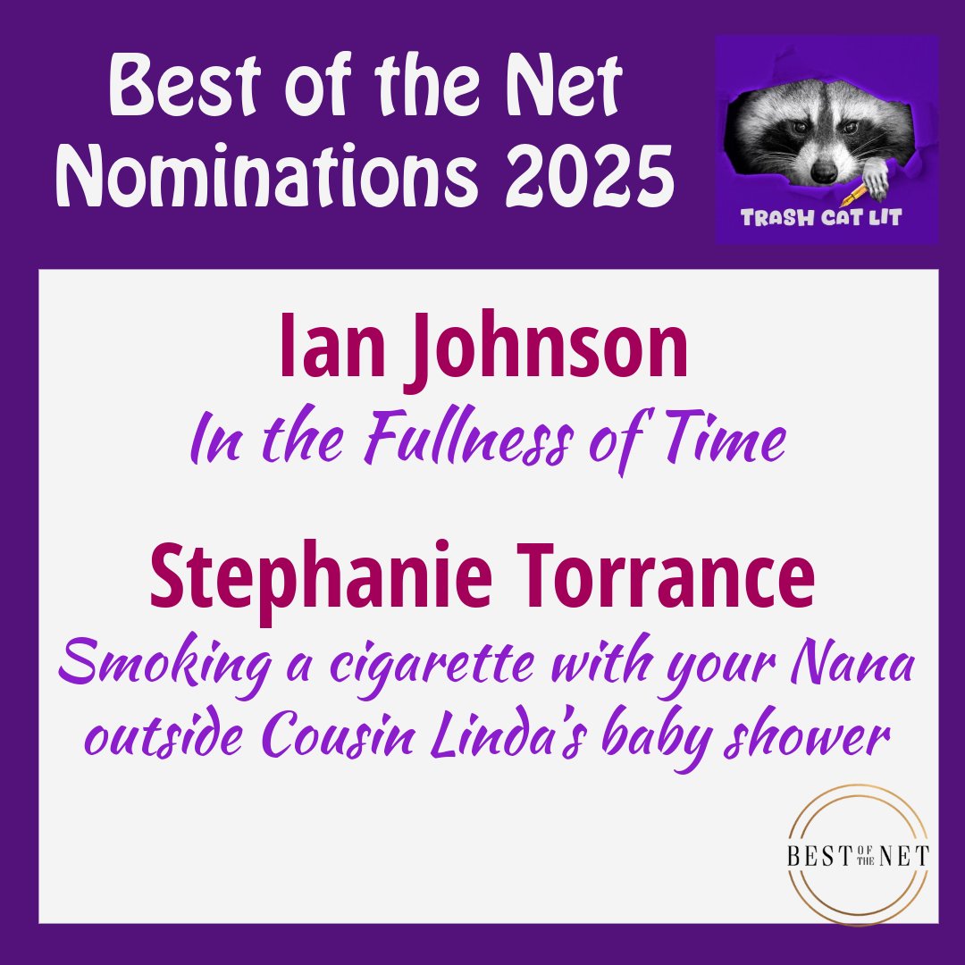 TrashCatLit's tweet image. We're thrilled to share our Best of the Net 2025 nominations. Wish we could have picked more!
Congratulations @10kandalatte and Stephanie - we wish your stellar work luck in the selection process 🌟
Read the nominated stories here:
trashcatlit.com/in-the-fullnes…
trashcatlit.com/smoking-a-ciga…