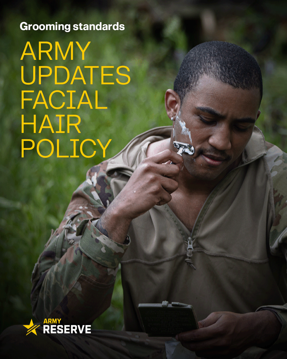 USArmyReserve's tweet image. ICYMI: The Army reinforces its facial hair grooming policy.
All Soldiers must be clean-shaven when in uniform or civilian clothes while on duty, with temporary exemptions for medical reasons and permanent exemptions for religious accommodations.
➡️ spr.ly/6003fGRNZ