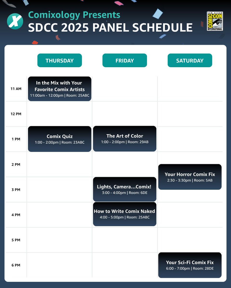 Comixology's tweet image. Get ready, SDCC! 🎉 Comixology is bringing 7 incredible panels to Comic-Con 2025! From "In the Mix with Your Favorite Comix Artists" to "Your Sci-Fi Comix Fix," join creators like @Ssnyder1835, @ThomasJane, and @kimjoyskitchen. Check out the full schedule! #SDCC #SDCC2025