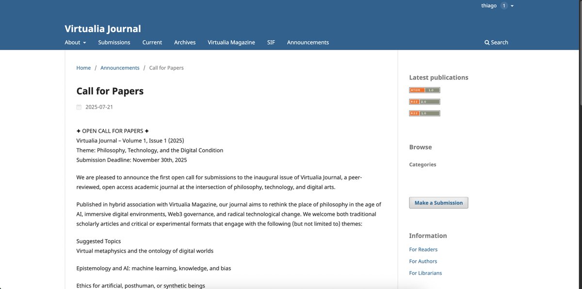 virtualia_mag's tweet image. 🔥VIRTUALIA is now opening an Academic Journal!🔥
If you are an academic artist,
philosopher, or computer/information scientist,
submit your paper to the 1st number of our journal!
-PhD Professors at the Editorial Board
-Anonymous Evaluation and Peer Review
-2x/year