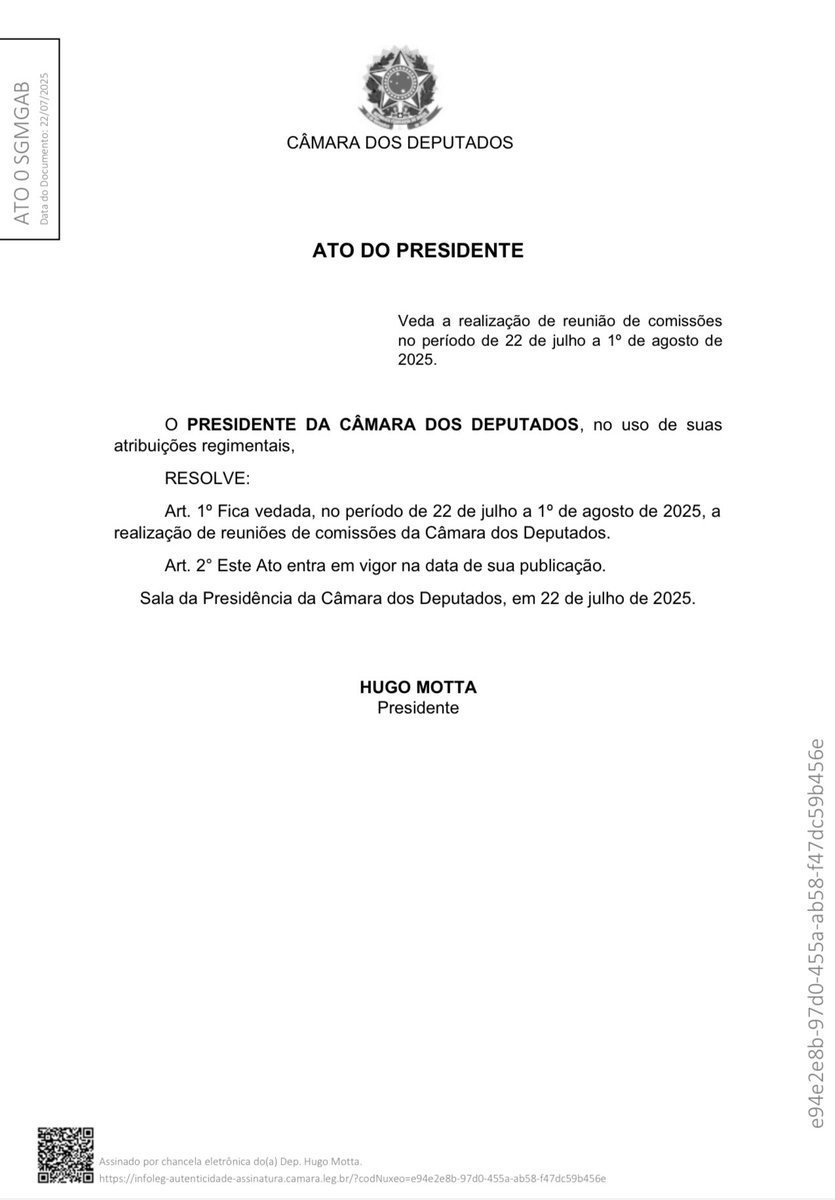eixopolitico's tweet image. 🇧🇷 AGORA: Em meio à ofensiva bolsonarista para aprovar requerimentos de apoio a Bolsonaro nas comissões, presidente da Câmara, Hugo Motta, suspende todas as reuniões de comissões entre 22 de julho e 1º de agosto.
Embora o recesso parlamentar constitucional dependa da votação da…