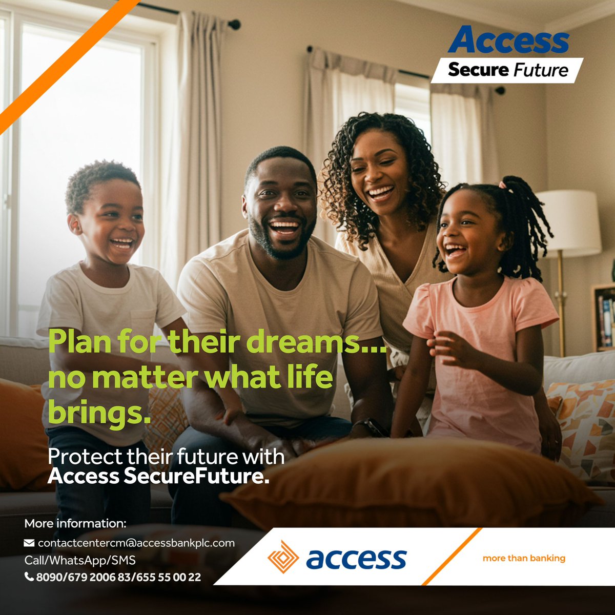 With Access SecureFuture, you can secure your child’s education even in the face of life’s uncertainties.
- Guaranteed education pension in case of death or disability.
- Optional savings plan to build long-term study capital.
Because their tomorrow starts with the choices you