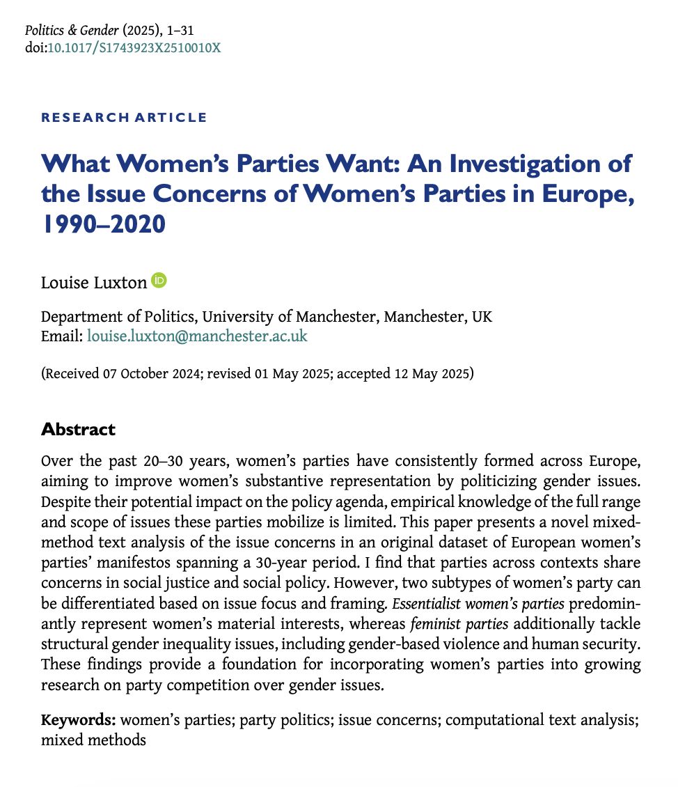 PoliticsGenderJ's tweet image. 📣 Out on #FirstView 📣
Lousie Luxton presents a typology European women's parties through an analysis of their policy priorities over the last 30 years in "What Women’s Parties Want."
buff.ly/nZddryz