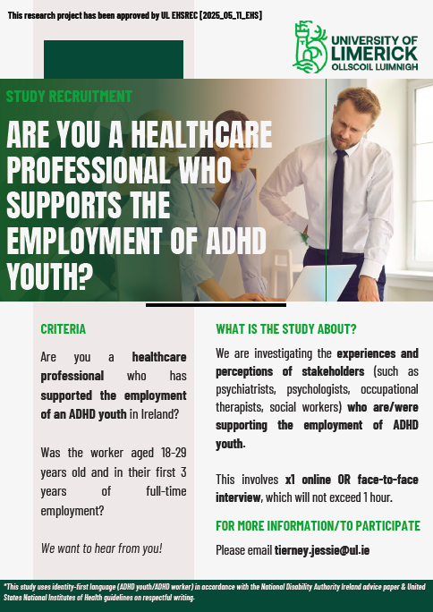 JessieTierneyOT's tweet photo. Call for Participants!  

Are you a healthcare provider, employer or HR professional, supporting the employment of ADHD youth, in their first 3 years of full-time employment?   

Please see posters below!  

For more information / to participate: tierney.jessie@ul.ie

#ADHD https://t.co/p2miaiprph