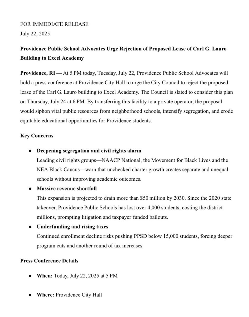 RayBaccari's tweet image. INBOX: Several Providence elected officials are holding a presser today speaking out against the proposal to lease the Carl G Lauro building to Excel Academy.