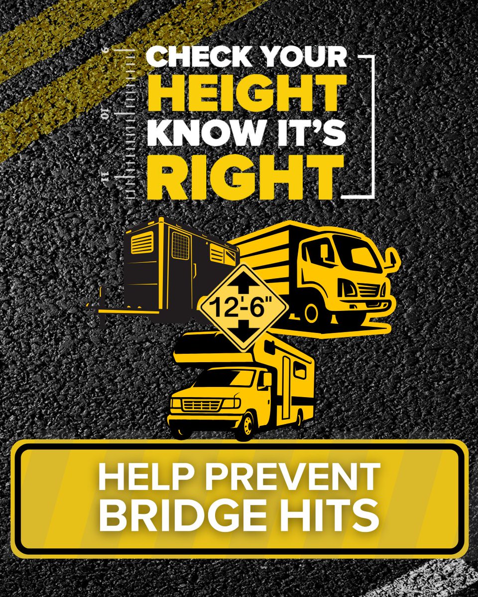 KYTC's tweet image. Got an RV? Horse trailer? Moving truck rental? Check your vehicle's height! 📏
Preventing overhead collisions, also known as bridge hits, helps avoid vehicle & bridge damage that can result in costly repairs, travel delays, & safety hazards! ⚠️
#checkyourheightknowitsright