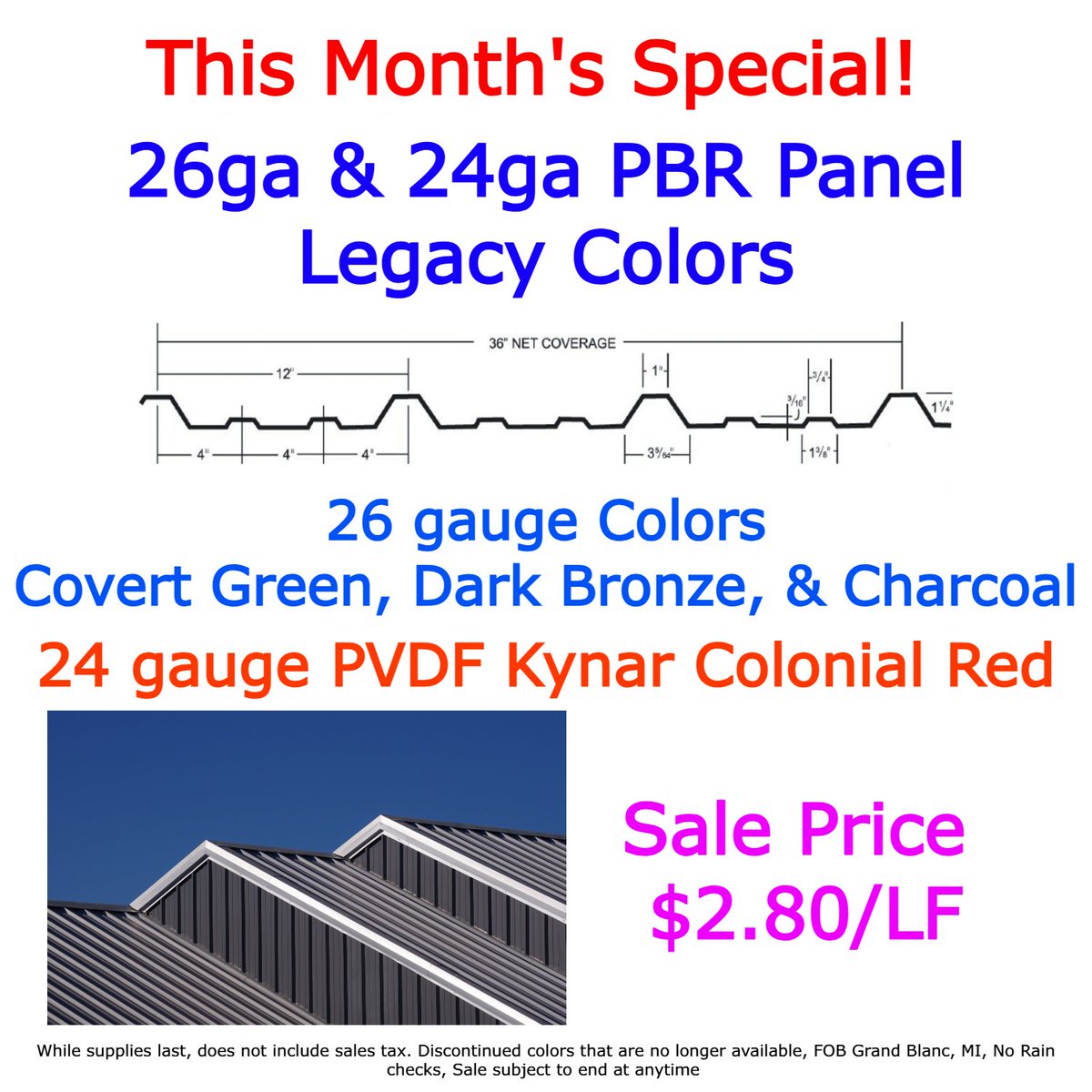 midmichmetal's tweet image. **🛍️ Discontinued Color Sale! 🛍️**

Don't miss out on our PBR panels for just **$2.80 per linear foot**!

Plus, grab 10' charcoal panels in stock for only **$28**!

Limited quantities—get them while they last! 🎨🏠

#Sale #PBRPanels #HomeImprovement #DIYDeals