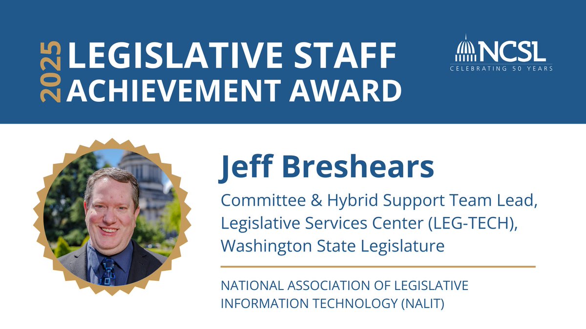 NCSLorg's tweet image. Jeff Breshears leads the Washington State Legislature’s IT hybrid support team, using technology to increase accessibility for users with visual impairments.
Congrats on your National Association of Legislative Information Technology #LegislativeStaff Achievement Award, Jeff!