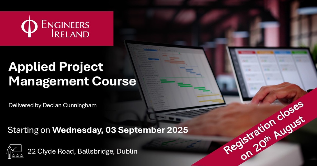 EngineerIreland's tweet image. Join us for the Applied Project Management Course (4 Days) with Declan Cunningham, commencing on Wednesday, 3 September at Engineers Ireland, 22 Clyde Road in Dublin. 

For more details and to book, please click here: 
engineersireland.ie/Events/event/1…

#ProjectManagement #ProjectLifecycle