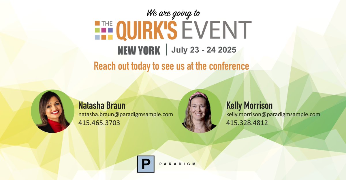 Exciting News!

Natasha Braun and Kelly Morrison, Vice Presidents of Client Development at Paradigm Sample, are heading to The Quirk's Event – NYC 2025 on July 23–24! 🎉

Looking forward to connect, share ideas, and explore the future of market research.

#QuirksEvent