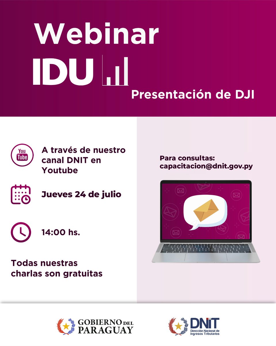 DNITpy's tweet photo. 📚 ¿Querés conocer más sobre el #IDU?
Sumate a nuestro webinar sobre el Impuesto a los Dividendos y las Utilidades 💸

🗓️ Jueves 24 de julio
🕑 14:00 h

✅ ¡Totalmente gratuito! https://t.co/DBnfF7TWKA