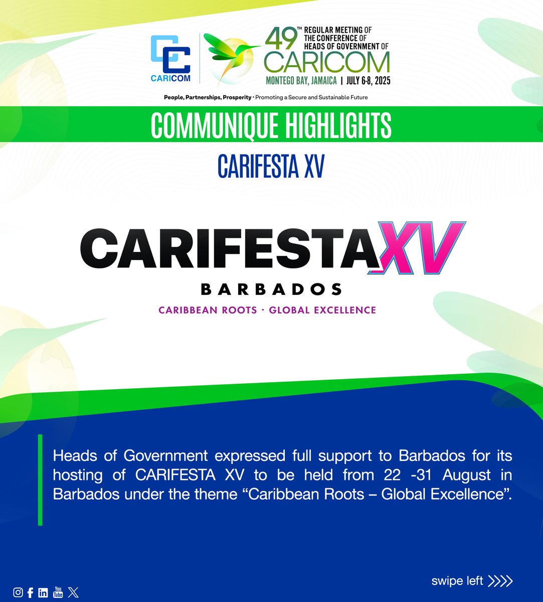 CARICOMorg's tweet image. 💃Celebrating Arts and Culture in Barbados 🇧🇧
🎭CARIFESTA XV takes place August 22–31 in Barbados is fully supported by the CARICOM Heads of Government
🎨The festival will showcase Caribbean arts and culture under the theme: Caribbean Roots – Global Excellence.
➡️Swipe now to…