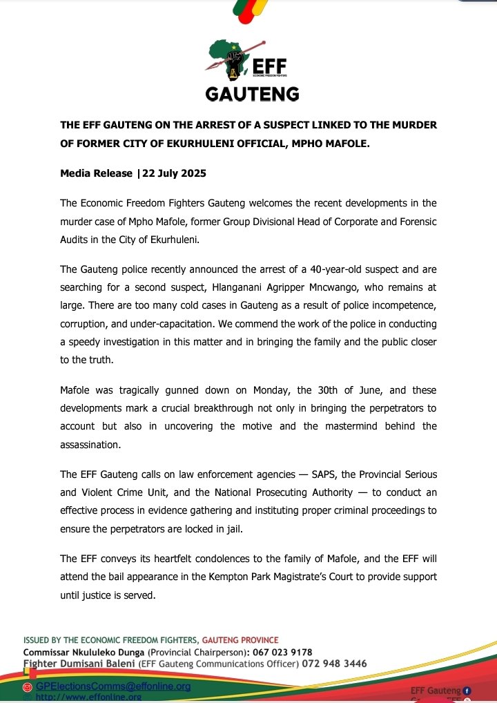 EFFGautengProv's tweet image. The Economic Freedom Fighters Gauteng Welcomes the Recent Developments in the Murder Case of Mpho Mafole, Former Group Divisional Head of Corporate and Forensic Audits in the City of Ekurhuleni