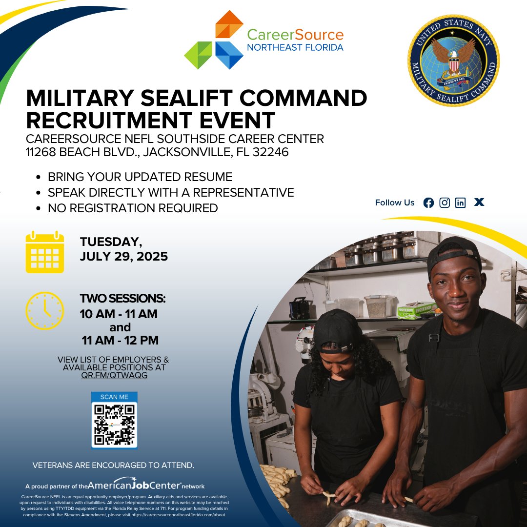 CareerSourceNEF's tweet image. Military Sealift Command is having a Recruitment Event 
Tuesday, July 29, 2025 - Two Sessions 10am-11am &amp;amp; 11am-12pm
CSNEFL Southside Career Center
11268 Beach Blvd, Jax., FL 32246