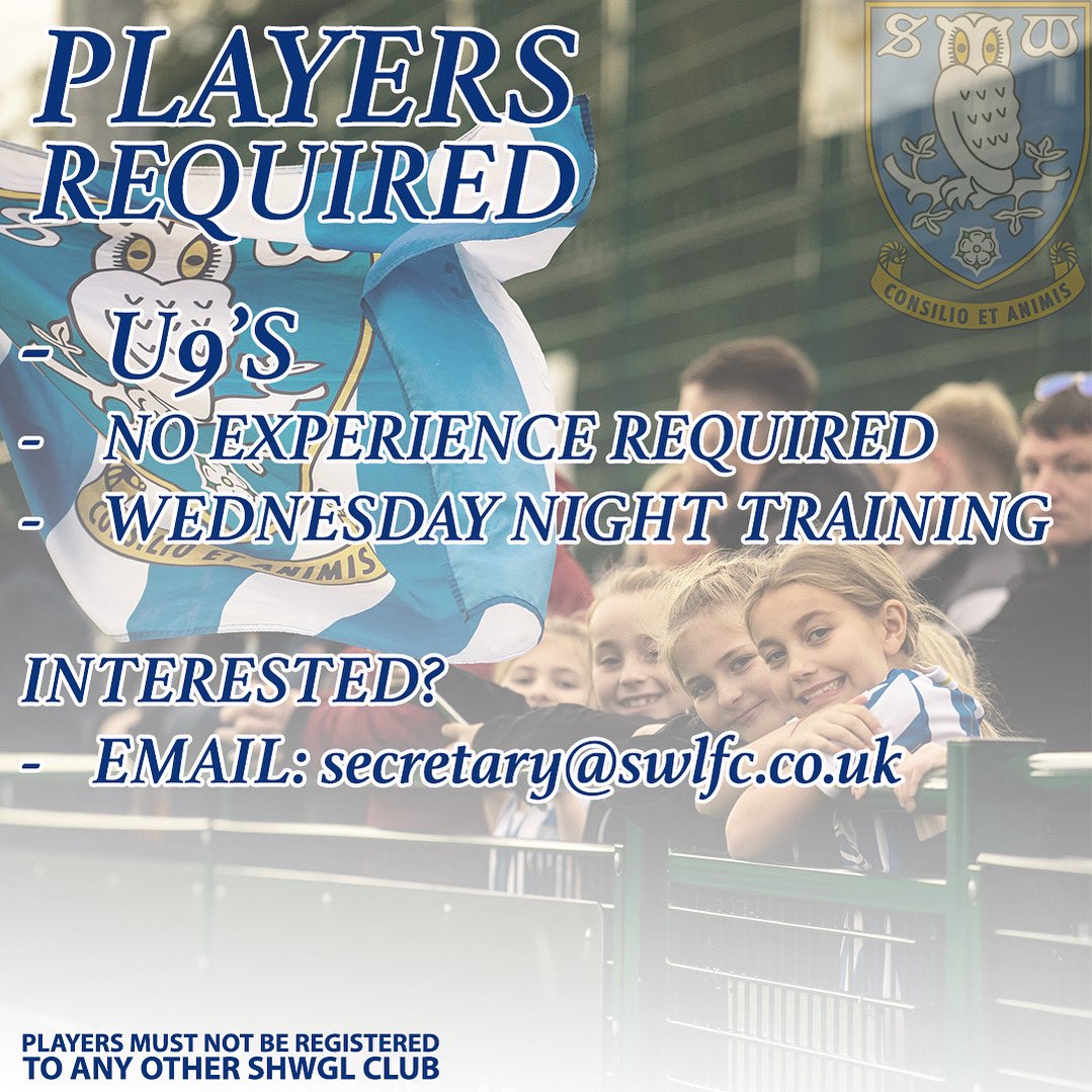 Sheffield Wednesday Ladies FC (@shefwedladies) on Twitter photo Our under 9’s still have some spaces available
No experience is needed ⚽️
Trainings take place on a Wednesday night 🦉
Interested? Contact secretary@swlfc.co.uk
#SWLFC | #OneTeam Our under 9’s still have some spaces available
No experience is needed ⚽️
Trainings take place on a Wednesday night 🦉
Interested? Contact secretary@swlfc.co.uk
#SWLFC | #OneTeam