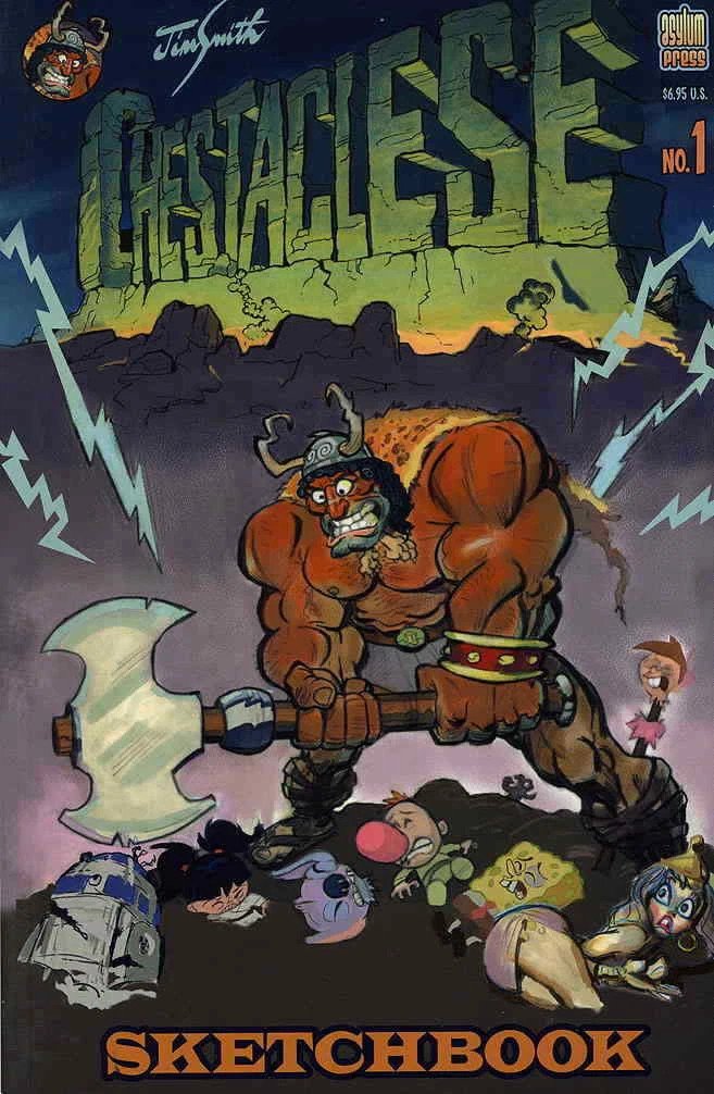 radiodormouse's tweet image. The cover to Chestaclese Sketchbook #1, a collection of artwork by Jim Smith— one of the co-founders of Spümcø. Raw, Conan-style peak pulp muscle absurdity straight from the man who helped bring Ren &amp;amp; Stimpy to life. #PulpArt