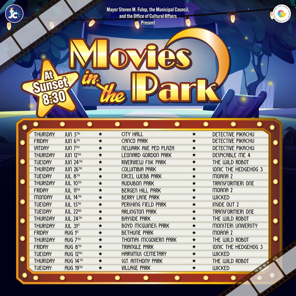 JerseyCity's tweet image. Movies In The Park is BACK for #Summer2025! Free, outdoor screenings in nearly every public park across Jersey City all summer! Check out the full schedule to see what movies are airing near you!
JERSEYCITYCULTURE.ORG