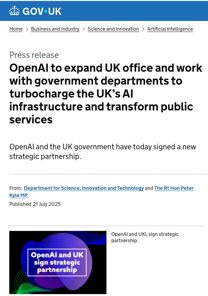JvShah124's tweet image. 🚨🤝 OpenAI just inked a major deal with the UK government and it’s set to turbocharge the nation’s AI future.
The new "strategic partnership" aims to:
🇬🇧 Supercharge the UK’s AI infrastructure
🏛️ Integrate advanced AI into public services
🧠 Collaborate on safe and powerful AI…