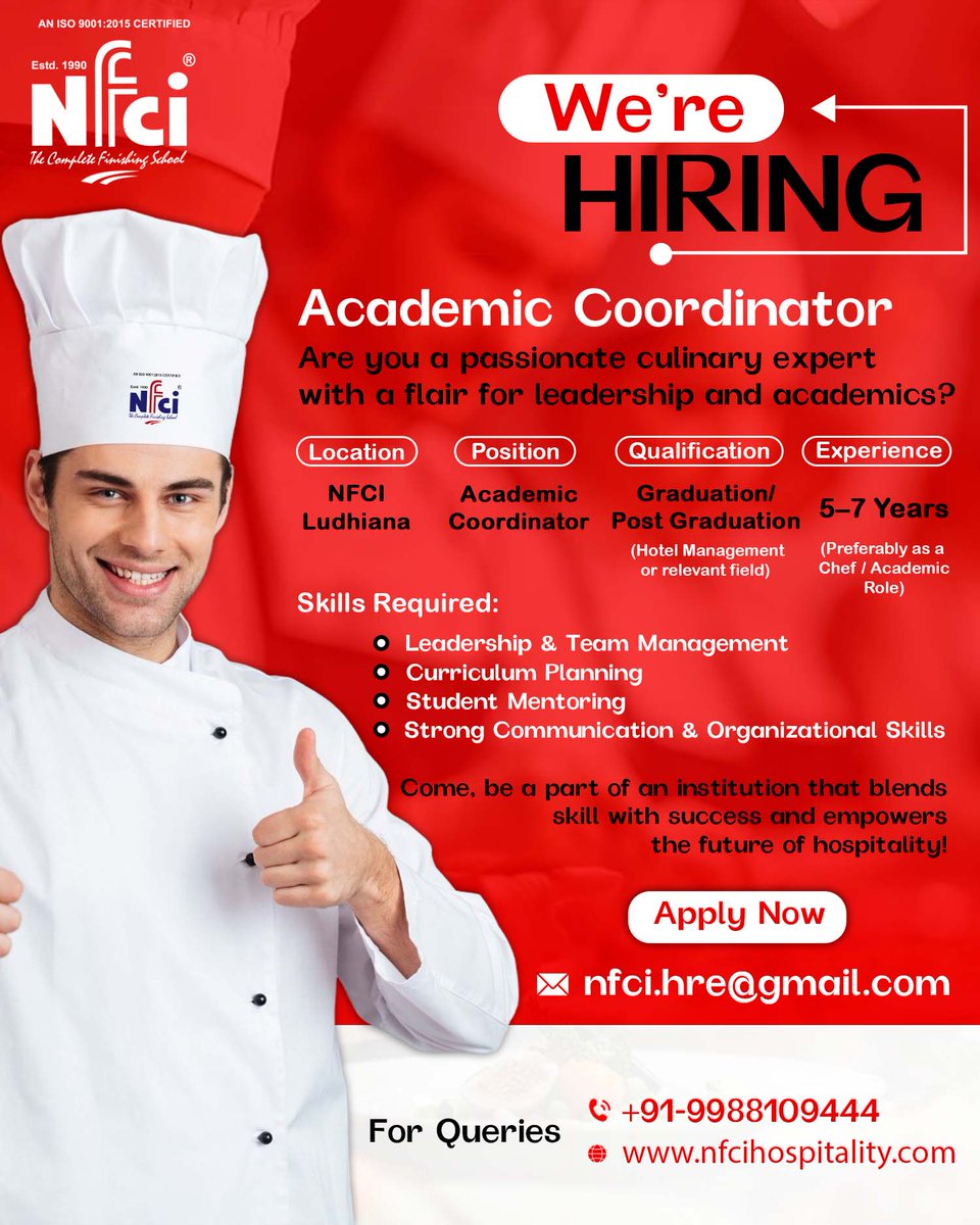 NFCI Ludhiana (@nfciludhiana) on Twitter photo ๐ข We're Hiring!
Are you a passionate culinary expert with a flair for leadership and academics?
๐ฉ Apply Now: nfci.hre@gmail.com
๐ For Queries: +91-9988109444
๐ nfcihospitality.com
#nfciludhiana #hiring ๐ข We're Hiring!
Are you a passionate culinary expert with a flair for leadership and academics?
๐ฉ Apply Now: nfci.hre@gmail.com
๐ For Queries: +91-9988109444
๐ nfcihospitality.com
#nfciludhiana #hiring