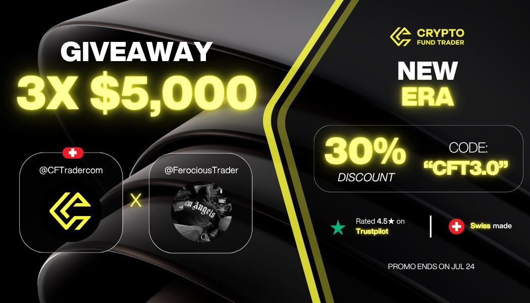 Ferocious (@ferocioustrader) on Twitter photo 🎁GIVEAWAY TIME🎁
3x $5000 challenge accounts:
- Follow <a href="/CFTradercom/">Crypto Fund Trader</a> , <a href="/CFTradercomES/">Crypto Fund Trader Español</a> & <a href="/FerociousTrader/">Ferocious</a>
- Like and retweet
- Tag 3 friends
And get 30% off with code CFT3.0 👀
cryptofundtrader.com/?_by=ferocious 🎁GIVEAWAY TIME🎁
3x $5000 challenge accounts:
- Follow <a href="/CFTradercom/">Crypto Fund Trader</a> , <a href="/CFTradercomES/">Crypto Fund Trader Español</a> & <a href="/FerociousTrader/">Ferocious</a>
- Like and retweet
- Tag 3 friends
And get 30% off with code CFT3.0 👀
cryptofundtrader.com/?_by=ferocious