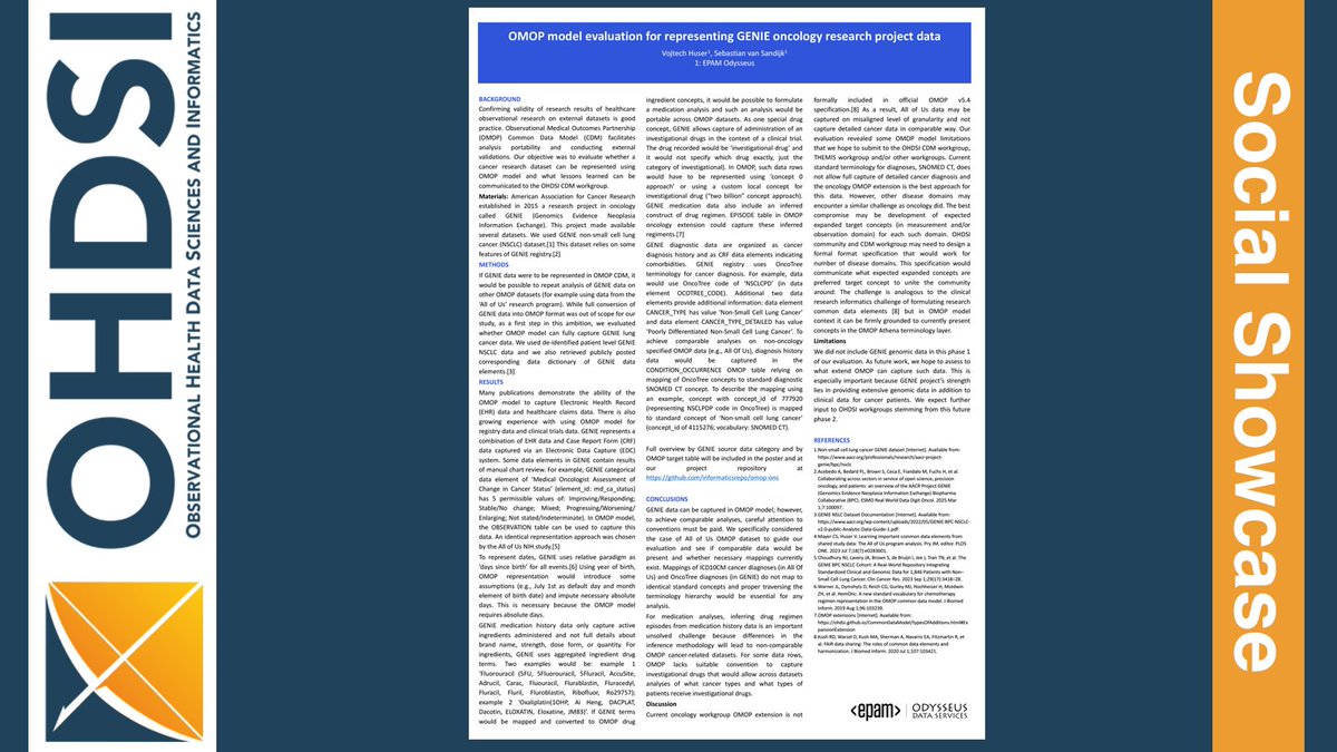 OMOP model evaluation for representing GENIE oncology research project data#OHDSISocialShowcase

Lead: Vojtech Huser
Co-Author: Sebastian van Sandijk

🔗 loom.ly/qYtOGWU

This research kicks off our social showcase from #OHDSIEurope2025! #JoinTheJourney