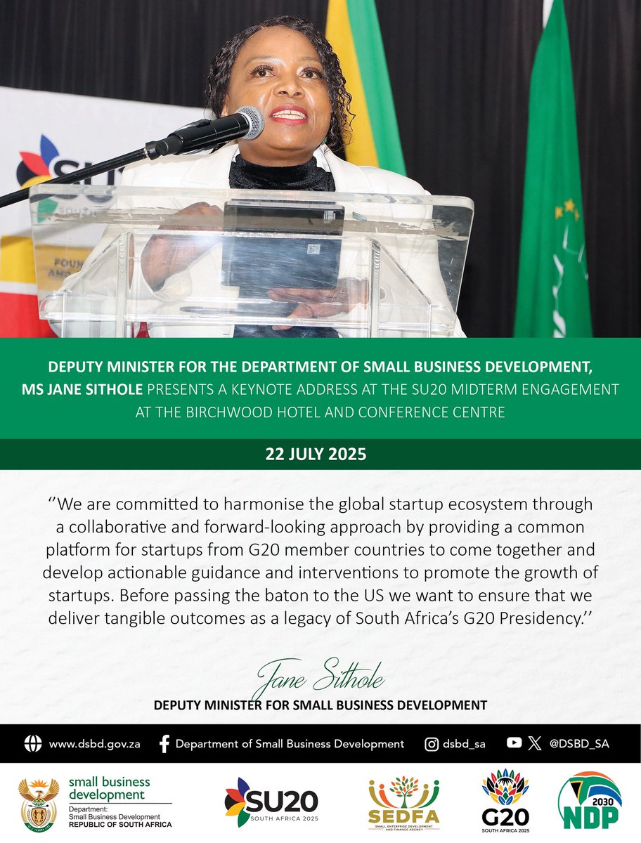 DSBD_SA's tweet image. HIGHLIGHTS | Deputy Minister for the Department of Small Business Development, Ms Jane Sithole delivered a keynote address at the SU20 Midterm Engagement at the Birchwood Hotel and Conference Centre.
#startup20 #su20 #g20 #midtermengagement #entrepreneurship #startup #msme…