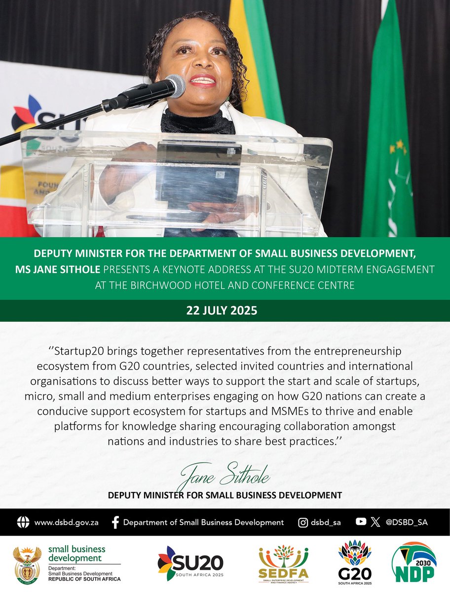 DSBD_SA's tweet image. HIGHLIGHTS | Deputy Minister for the Department of Small Business Development, Ms Jane Sithole delivered a keynote address at the SU20 Midterm Engagement at the Birchwood Hotel and Conference Centre.
#startup20 #su20 #g20 #midtermengagement #entrepreneurship #startup #msme…