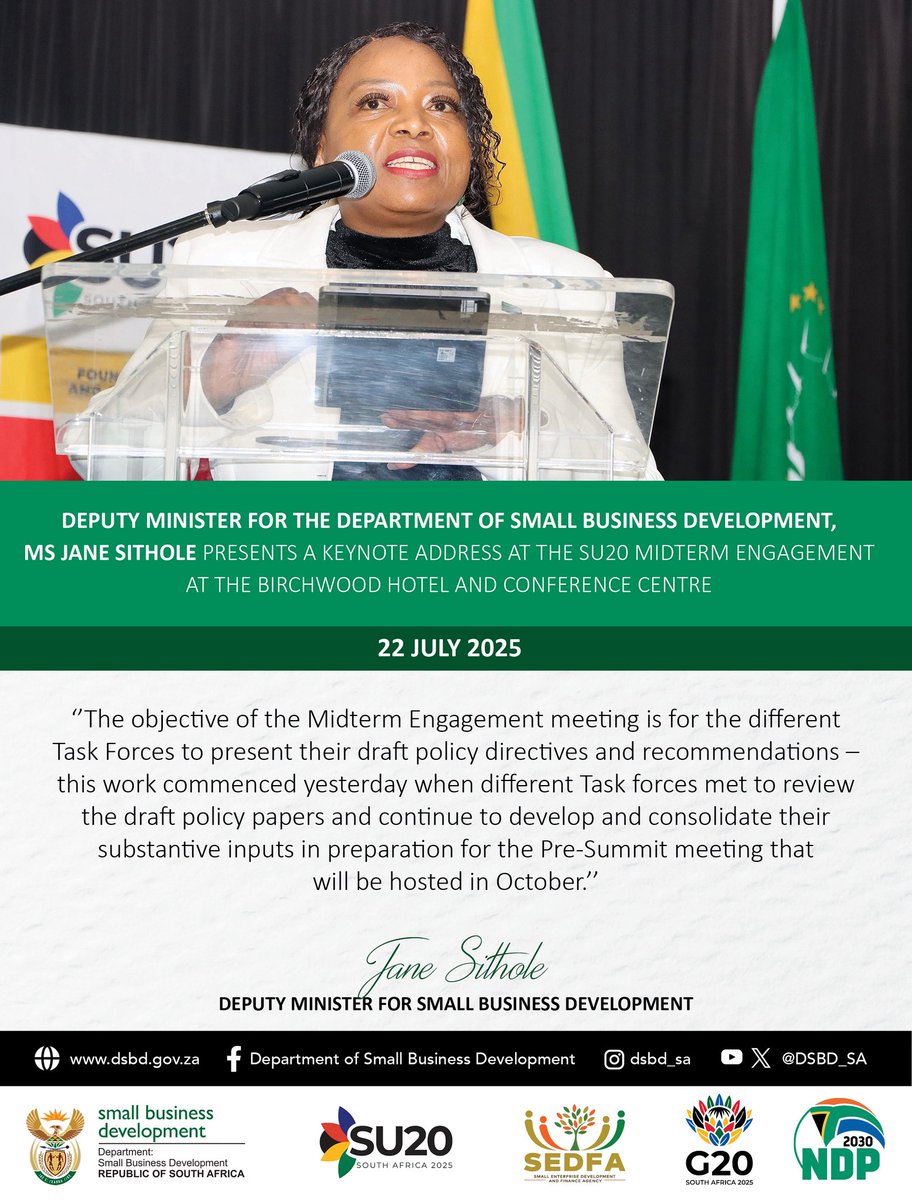 DSBD_SA's tweet image. HIGHLIGHTS | Deputy Minister for the Department of Small Business Development, Ms Jane Sithole delivered a keynote address at the SU20 Midterm Engagement at the Birchwood Hotel and Conference Centre.
#startup20 #su20 #g20 #midtermengagement #entrepreneurship #startup #msme…