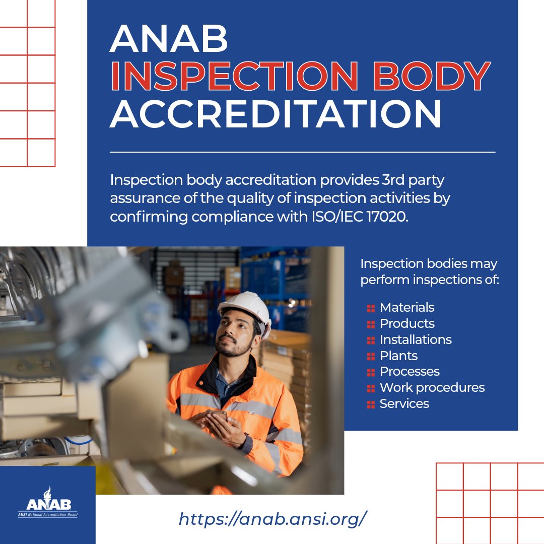 ANSI (@ansidotorg) on Twitter photo Inspection bodies may be responsible for determining an organization’s conformity with requirements. <a href="/ANAB_ACCREDIT/">ANAB Accreditation</a>'s #Inspection body accreditation program is designed to confirm the quality of inspection bodies through checking compliance with ISO/IEC 17020. Inspection bodies may be responsible for determining an organization’s conformity with requirements. <a href="/ANAB_ACCREDIT/">ANAB Accreditation</a>'s #Inspection body accreditation program is designed to confirm the quality of inspection bodies through checking compliance with ISO/IEC 17020.