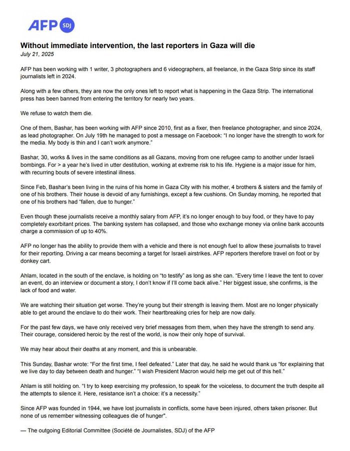 AlexMAstley's tweet image. “Since AFP was founded in 1944, we have lost journalists in conflicts, some have been injured, others taken prisoner. But none of us remember witnessing colleagues die of hunger.”
#Gaza
