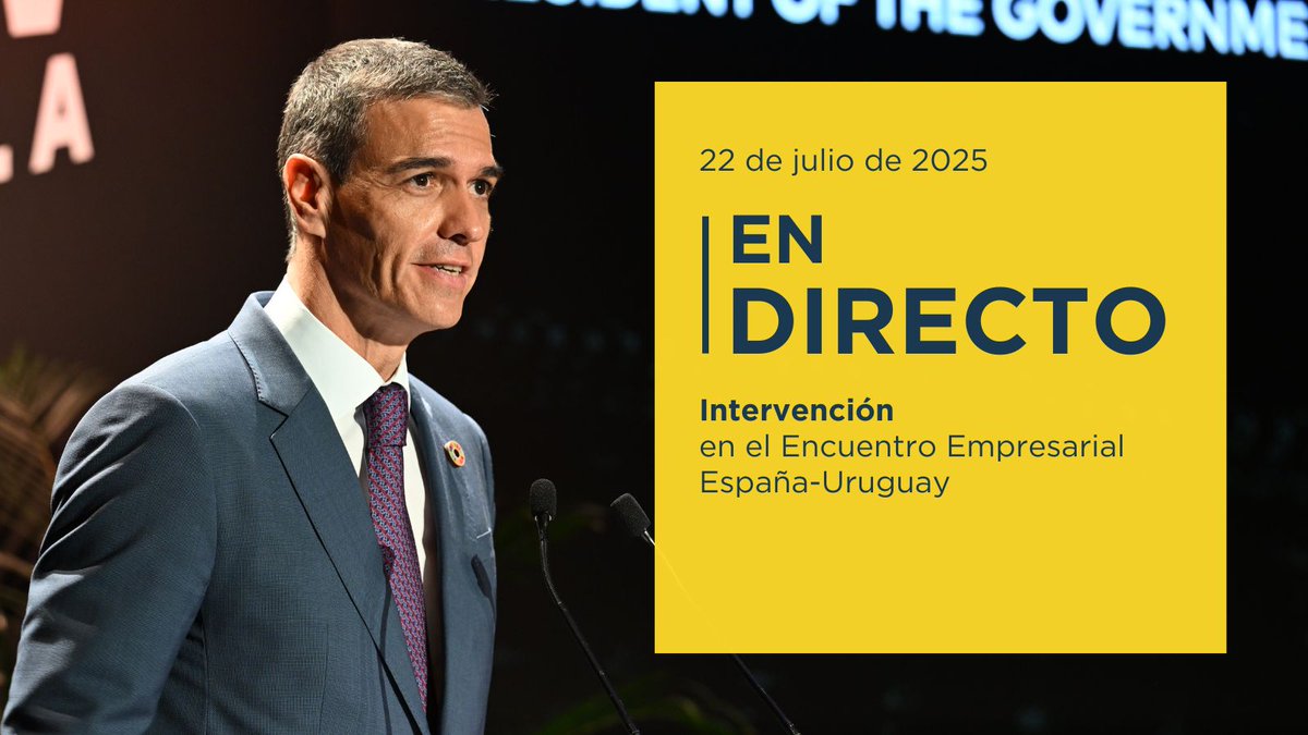 La Moncloa (@desdelamoncloa) on Twitter photo El presidente del Gobierno, <a href="/sanchezcastejon/">Pedro Sánchez</a>, interviene en el Encuentro Empresarial España - Uruguay, celebrado en Montevideo.
▶ Síguelo en directo en nuestras redes y web ⤵ lamoncloa.gob.es El presidente del Gobierno, <a href="/sanchezcastejon/">Pedro Sánchez</a>, interviene en el Encuentro Empresarial España - Uruguay, celebrado en Montevideo.
▶ Síguelo en directo en nuestras redes y web ⤵ lamoncloa.gob.es