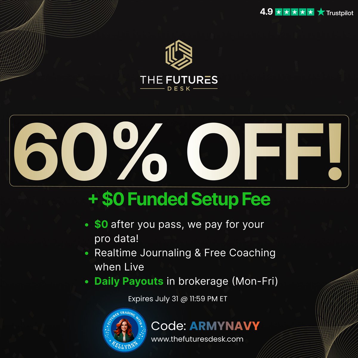 Kellyanntrades's tweet photo. Let’s kick off Tuesday with a giveaway! @TheFuturesDesk is coming in hot with a flash sale this morning and I have a $200 credit to give one of my followers! This is a no rules, no bullshit, pass a simple challenge and get live funded prop firm and one of my personal favorites.

To be entered you must:

 1. Be following me and @TheFuturesDesk 
2. Share this post and tag 3 people.

I will announce a winner sometime tomorrow.

Good luck and LFG!
