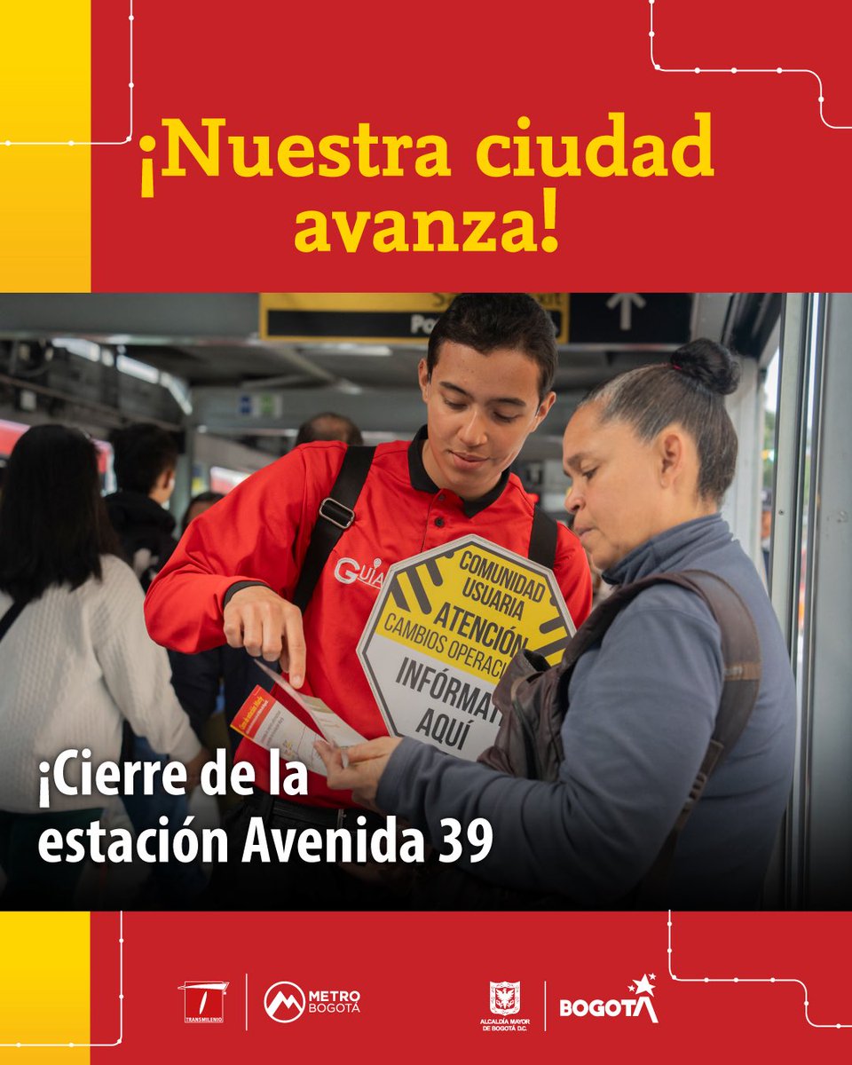 📢 A partir del sábado 26 de julio, la estación Av. 39 dejará de operar temporalmente para avanzar con las obras de la Línea 1 del Metro de Bogotá.

🚌 Dispondremos de 50 servicios alternativos entre troncales, duales y TransMiZonales en el sector.
🔍 Consulta rutas, horarios y