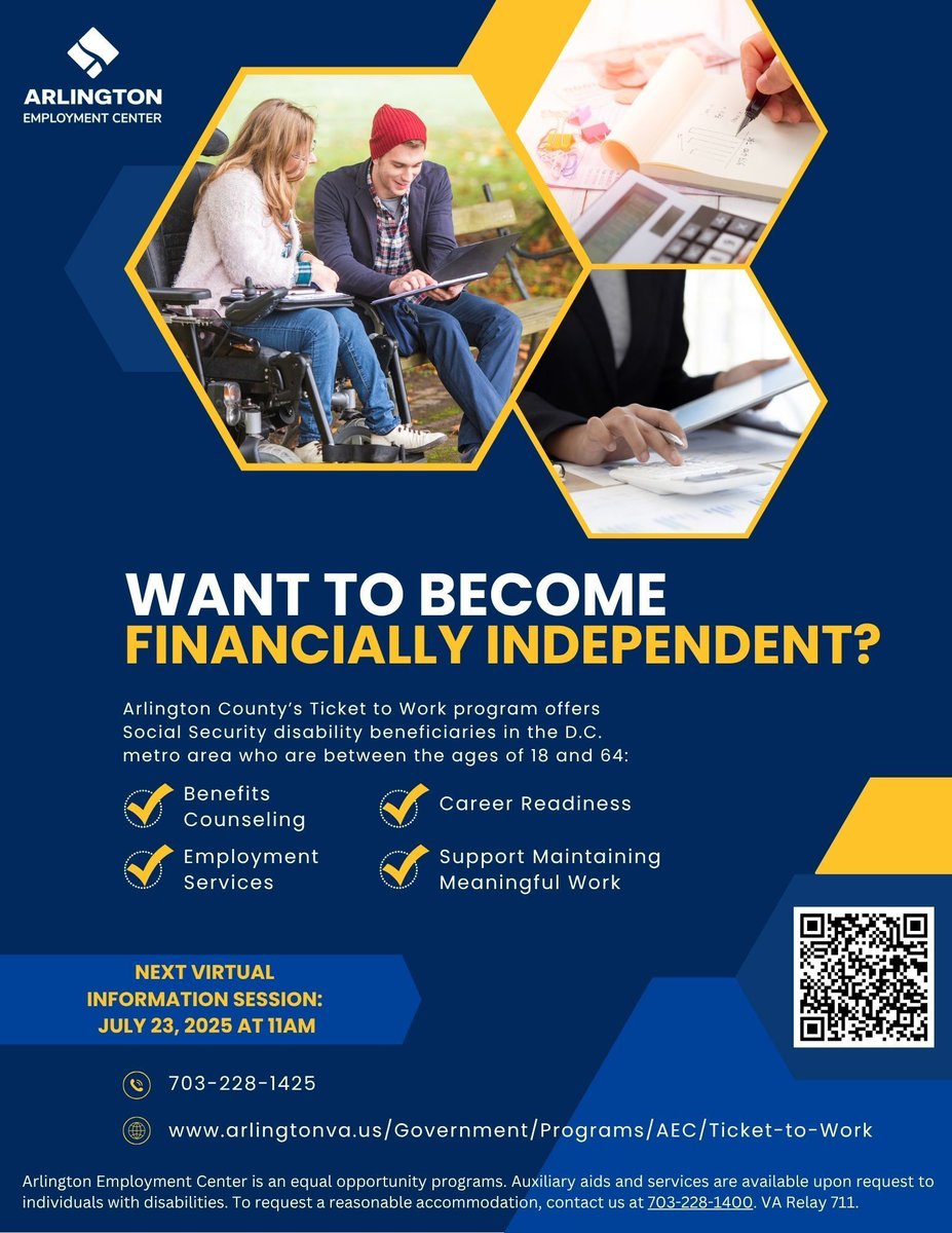 Arl Employment Ctr (@arlemploymentct) on Twitter photo Tomorrow! Take your SS benefits to the next level- learn how at Ticket To Work VIRTUAL info Session
📆 Wed, 7/23/25
🕙 11 am (45 min)
📍 Virtual! Sign up HERE: buff.ly/dw5U8HA Open to all in our region!
<a href="/workcouncil/">Alexandria/Arlington Regional Workforce Council</a> <a href="/ArlingtonDHS/">Arlington County Department of Human Services</a> #tickettowork #workforce Tomorrow! Take your SS benefits to the next level- learn how at Ticket To Work VIRTUAL info Session
📆 Wed, 7/23/25
🕙 11 am (45 min)
📍 Virtual! Sign up HERE: buff.ly/dw5U8HA Open to all in our region!
<a href="/workcouncil/">Alexandria/Arlington Regional Workforce Council</a> <a href="/ArlingtonDHS/">Arlington County Department of Human Services</a> #tickettowork #workforce