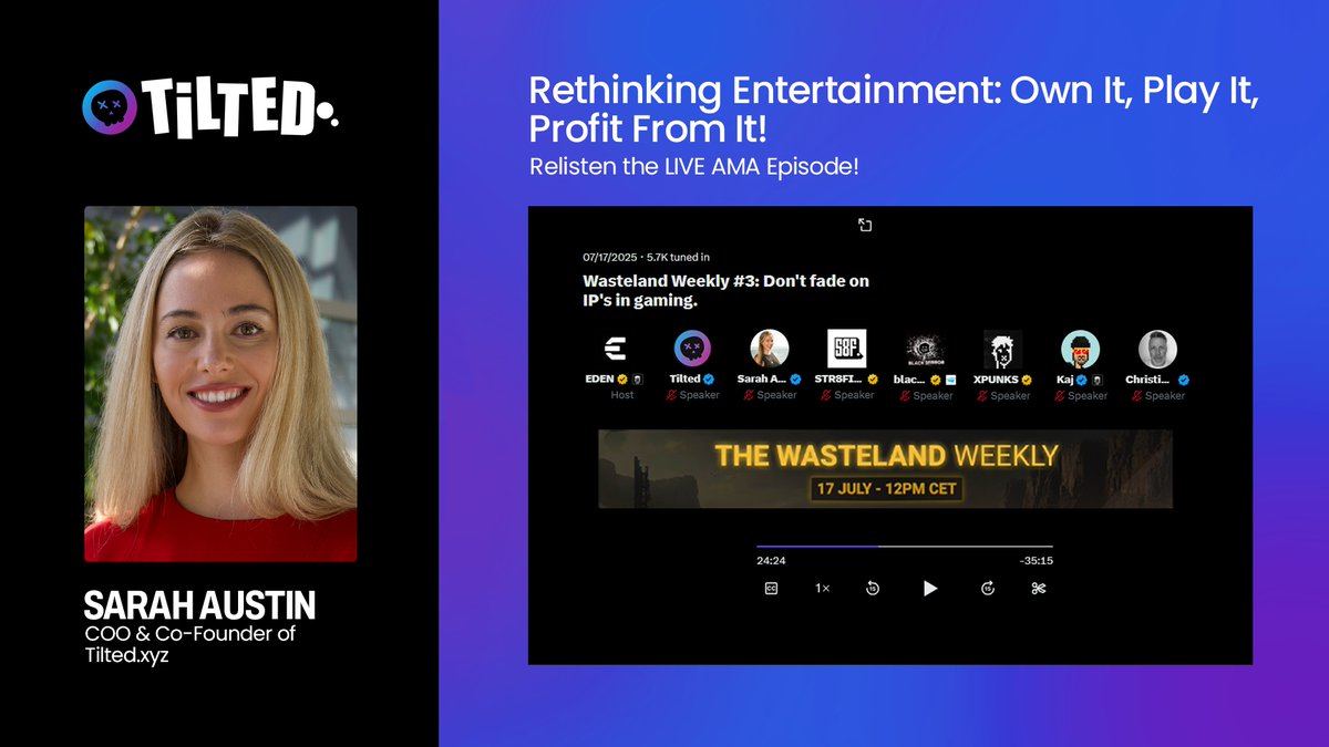 tiltedxyz's tweet image. 🧠 “The way we create, finance, and monetize entertainment is broken.” – Chris, Str8Fire

🎮 The solution? Tokenized IPs that give creators, fans, and early believers a real stake.

In this week’s Wasteland Weekly, @sarahaustin (COO of @tiltedxyz) joined @KorProtocol and…