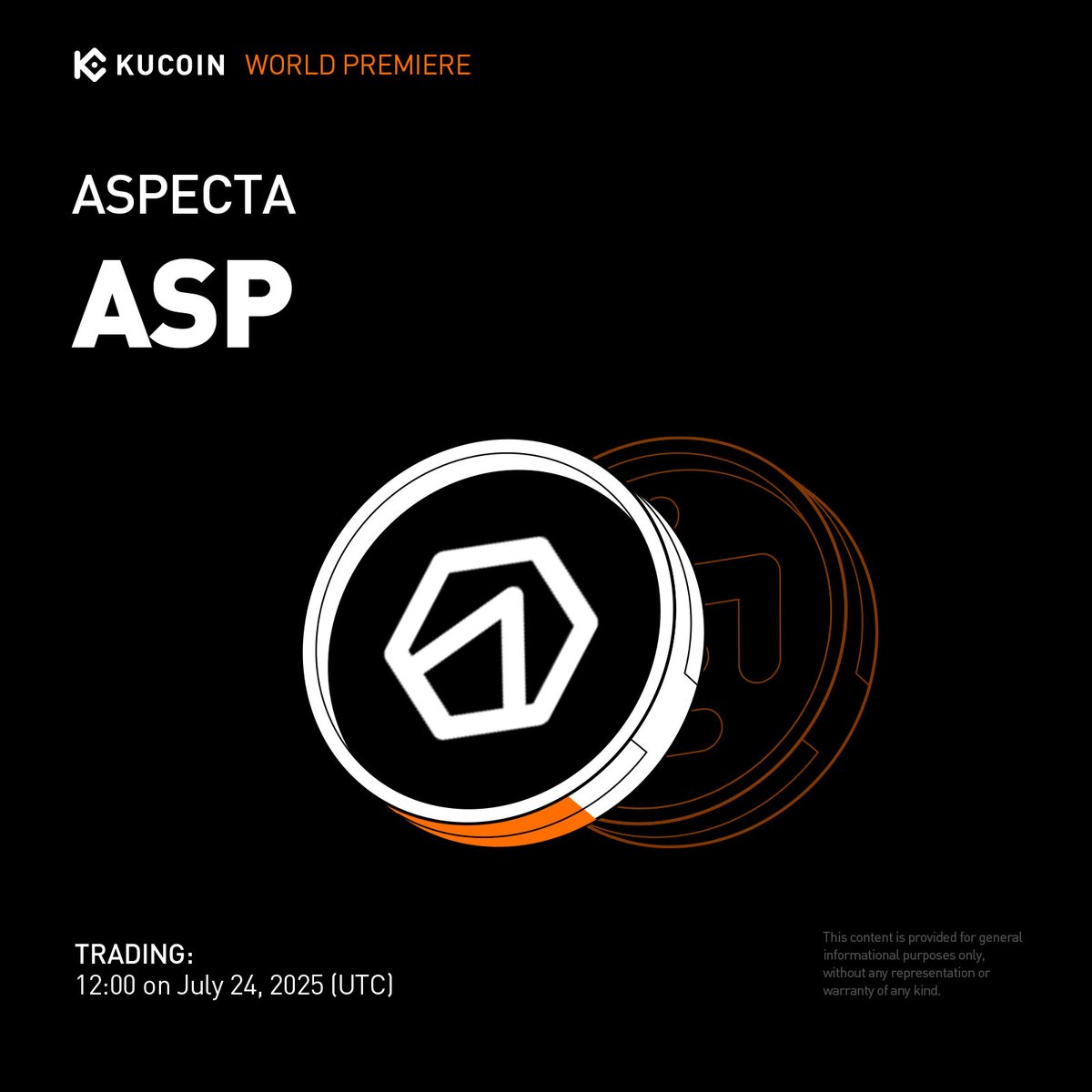 kucoincom's tweet image. 📢 World Premiere Listing: @aspecta_ai $ASP is coming soon to #KuCoin!
Aspecta is a universal price discovery infrastructure designed to support the open economy by unlocking value from trillions in illiquid assets.
📅 Trading starts: July 24, 2025 at 12:00 (UTC)
💰 Deposits…