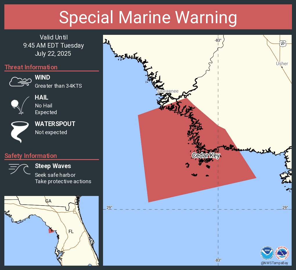 NWSTampaBay's tweet image. Special Marine Warning including the Coastal waters from Tarpon Springs to Suwannee River FL out 20 NM until 9:45 AM EDT