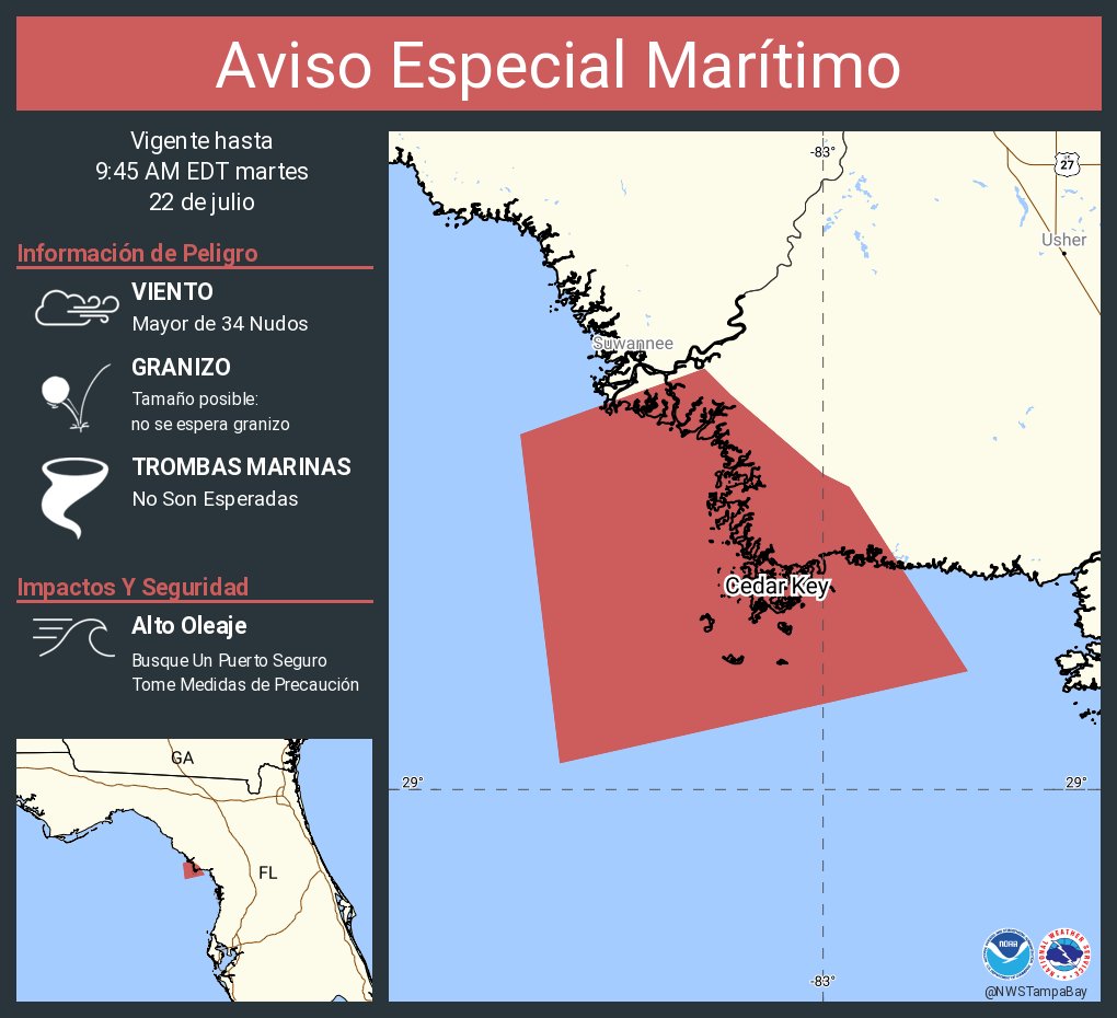 NWSTampaBay's tweet image. Aviso Especial Marítimo incluye Aguas costeras desde Tarpon Springs a Río Suwannee FL hacia afuera 20 MN hasta las 9:45 AM EDT