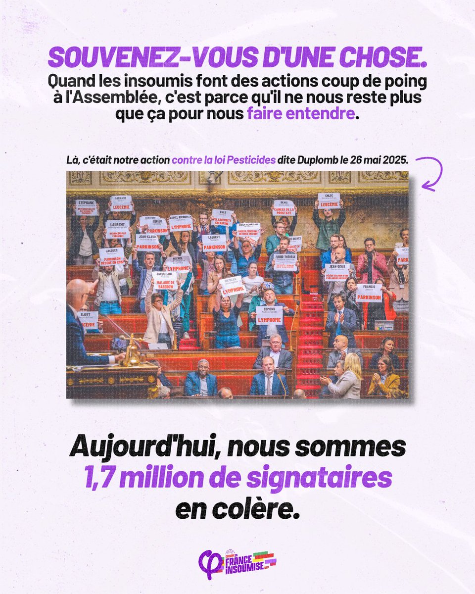 FiAssemblee's tweet image. 🔴⚡️ Le 26 mai 2025, nous dénoncions déjà la #LoiPesticides dangereuse pour notre santé.
Aujourd'hui, nous sommes près d'1,7 million de signataires en colère.
Demain, nous enterrerons la loi Duplomb 🔥