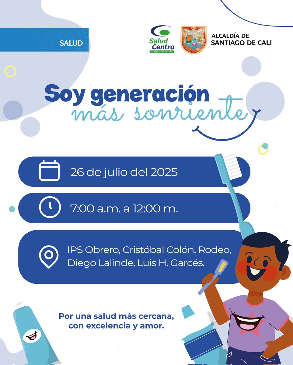 🦷 ✨ ¡Sonríe sin parar! ✨

🪥 Participa en una jornada especial para cuidar la salud bucodental de niños, niñas, adolescentes, y gestantes menores de edad. 💙💚

🏥 ¡Los esperamos! 😁

#RedDeSaludDelCentro #SoyGeneracionMasSonriente #SaludBucodental #JornadaDeSalud