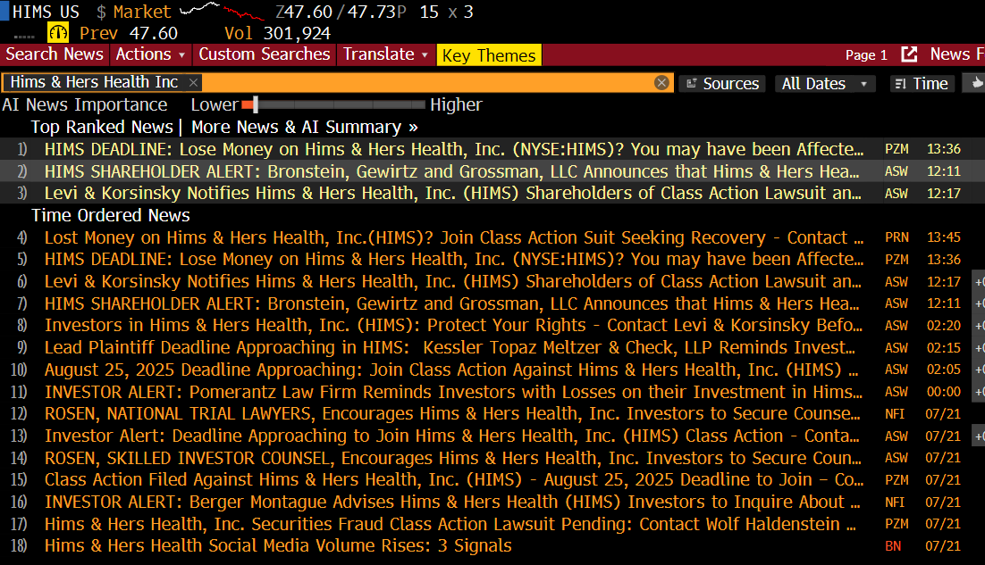 MS (@manish_05singh) on Twitter photo Hey <a href="/AndrewDudum/">andrewdudum</a>
Have you seen the Company News page for $HIMS on Bloomberg (screenshot below)?
It doesn’t reflect the business you're building at HIMS. There’s no mention of sales, earnings, or any fundamental performance — just a string of litigation updates involving Levi & Hey <a href="/AndrewDudum/">andrewdudum</a>
Have you seen the Company News page for $HIMS on Bloomberg (screenshot below)?
It doesn’t reflect the business you're building at HIMS. There’s no mention of sales, earnings, or any fundamental performance — just a string of litigation updates involving Levi &
