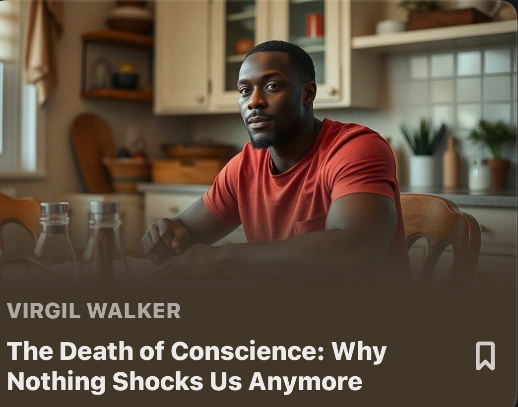 VirgilWalkerOMA's tweet image. We scroll past evil like it’s entertainment.
We laugh at what once made us weep.
That’s not growth. It’s judgment.
Read or listen:
👉🏽The Death of Conscience: Why Nothing Shocks Us Anymore
🔗 open.substack.com/pub/virgilwalk…