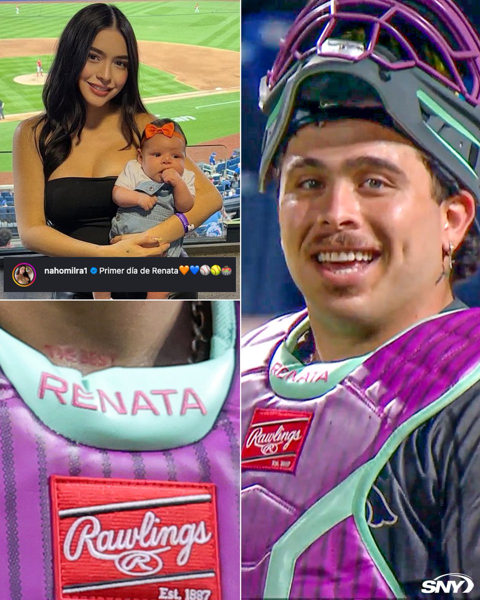 SNY_Mets's tweet photo. Francisco Alvarez's daughter Renata attended her first Mets game last night

Francisco wore her name on his chest protector 💜 https://t.co/wcNgv5ZYR8