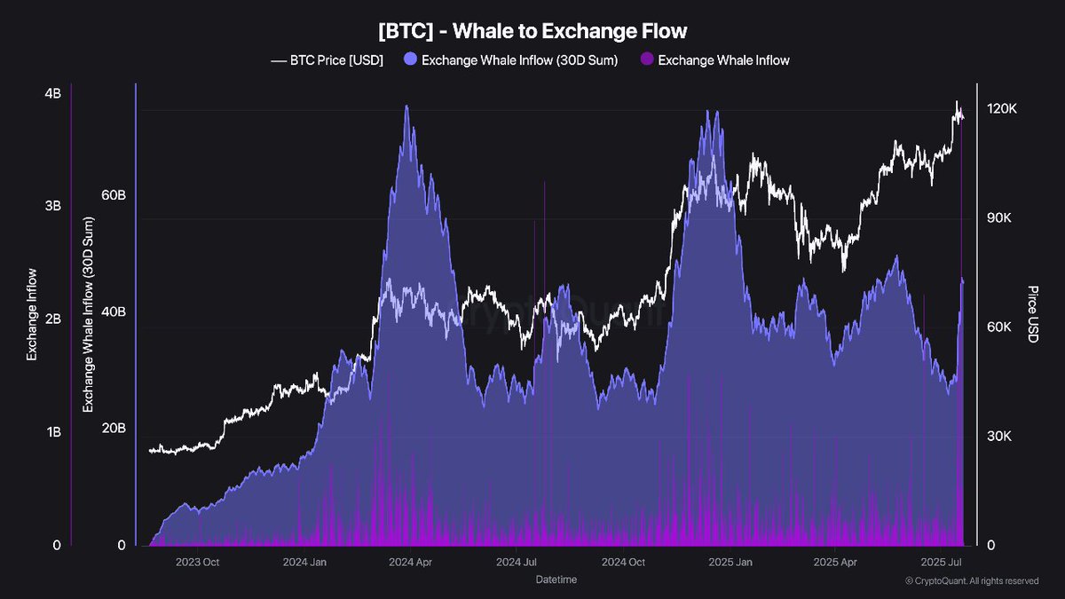 BitcoinNewsCom's tweet image. Bitcoin inflows to exchanges from whales surged by nearly $17B, from $28B to $45B, between July 14-18.