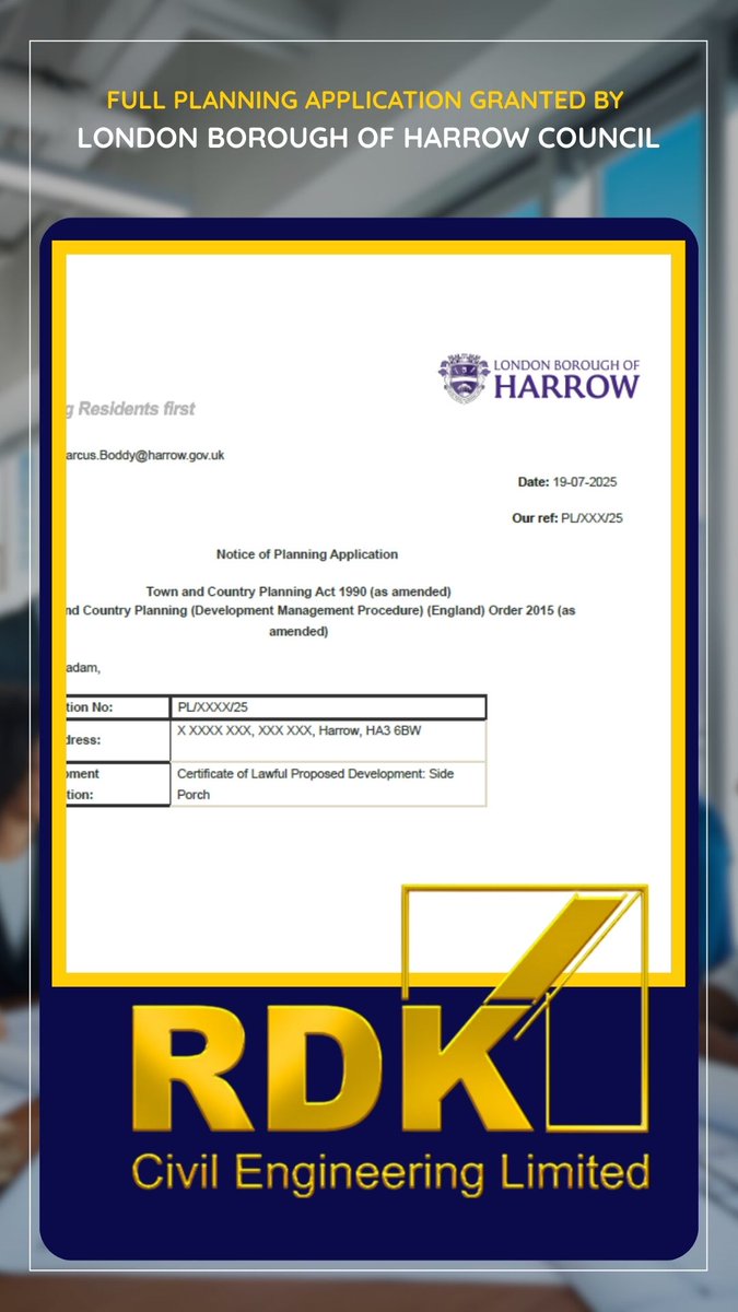 Fantastic news! 🎉 RDK Civil Engineering Limited is thrilled to announce that we've secured Full Planning Permission from the London Borough of Harrow Council for our latest project! #ProjectApproved #NorthLondon #PropertyDevelopment #BuildingTheFuture