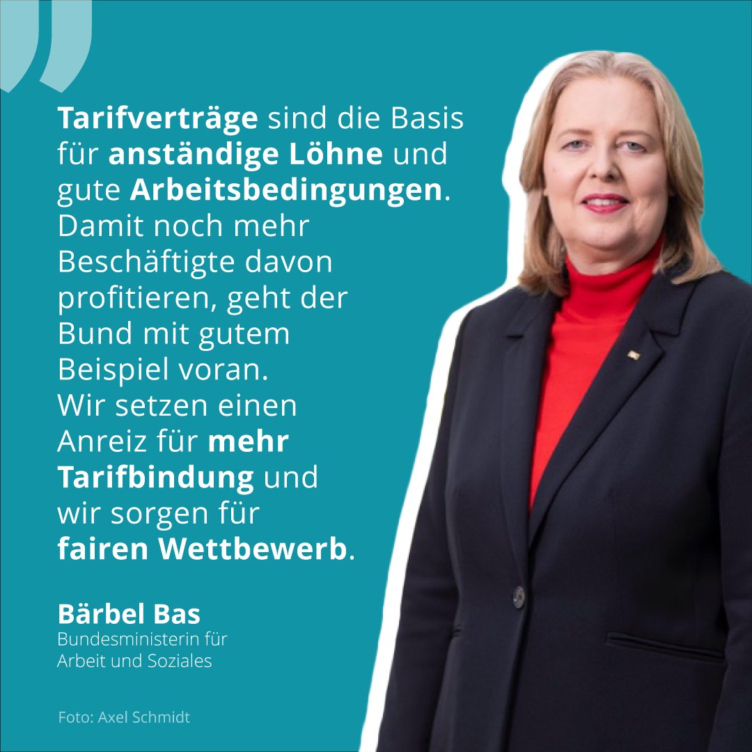BMAS_Bund's tweet image. 📢 Unternehmen, die ihre Beschäftigten nach Tarif bezahlen, dürfen keinen Nachteil haben. Heute haben wir das #Bundestariftreuegesetz in die Ressortabstimmung gegeben. Ein starkes Signal, betont Bundesarbeitsministerin Bärbel Bas.