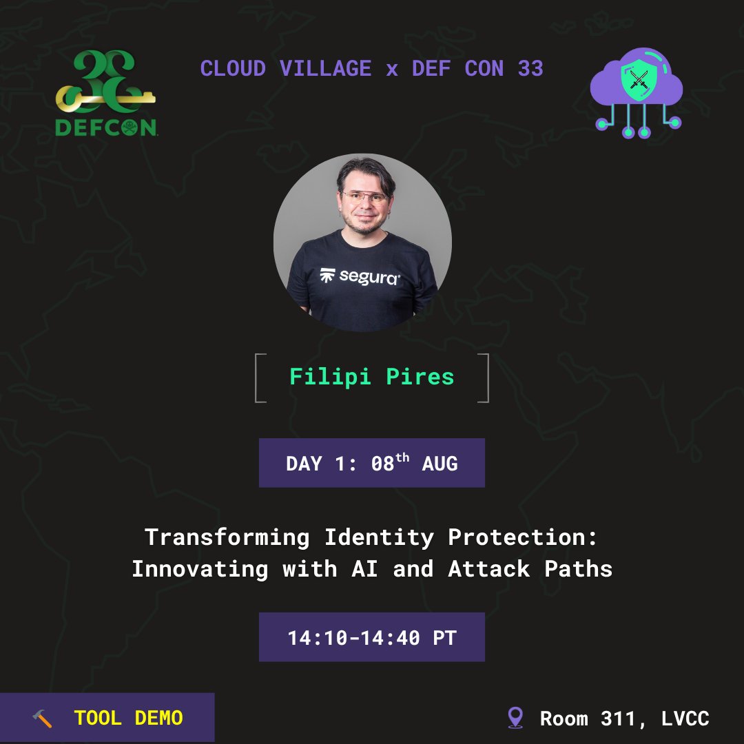 cloudvillage_dc's tweet image. 🤖 Excited to welcome @FilipiPires to Cloud Village @DEFCON 33!
He’ll demo: “Transforming Identity Protection: Innovating with AI & Attack Paths” 🛡️🧠
📍 Room 311, LVCC
🗓️ Aug 8 | 🕑 2:10–2:40 PM PT
🔗 cloud-village.org/dc33
#CloudVillage #DEFCON33 #HackerSummerCamp