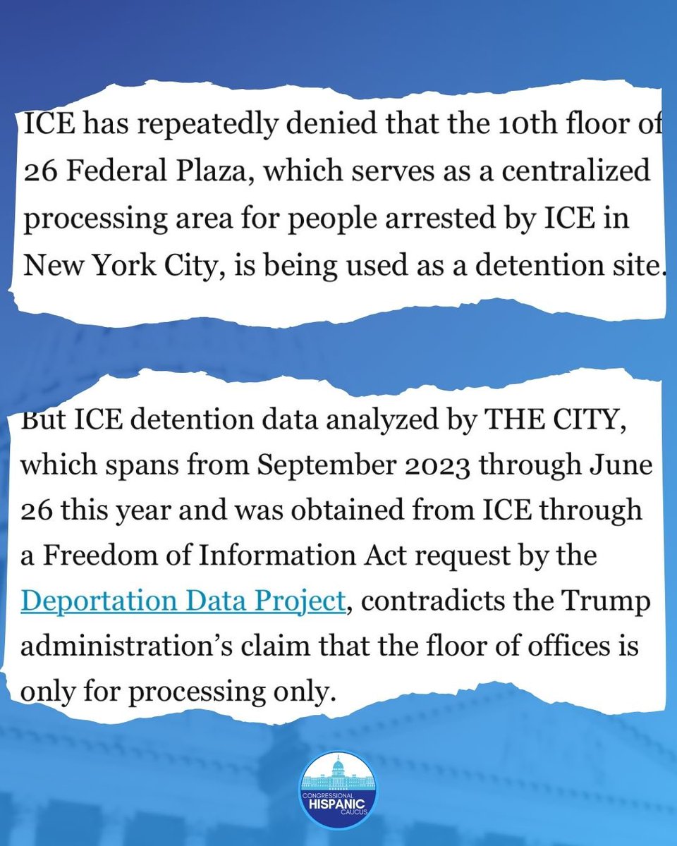 HispanicCaucus's tweet image. ICE deliberately lied about the inhumane operations on the 10th floor of 26 Federal Plaza. The CHC will hold them accountable to the fullest extent of the law.